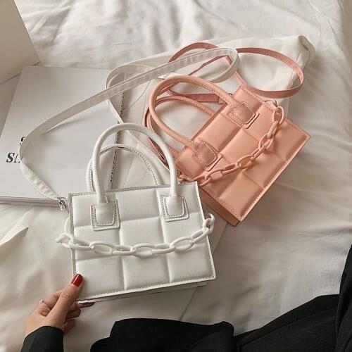 Fashion Women Checker Pattern PU Leather Shoulder Crossbody Messenger Bags Casual Ladies Solid Color Thick Chain Top-handle