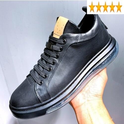 Lace Black Flat Sneakers Men Up 100% Genuine Leather Casual Street Shallow Chunky Platform Shoes Trainers Chaussure Homme
