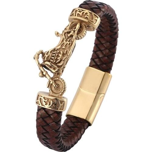 Punk Jewelry Men Golden Stainless Steel Motorcycle Brown Braided Leather Bracelet Magnet Buckle Male Wristband Party Gift PD0753