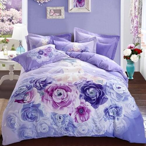 Sanding 100% Cotton Printed Flower Bedding Set Wedding Bed Sheet set Duvet Cover Pillowcase Queen King 4pcs purple rose lily