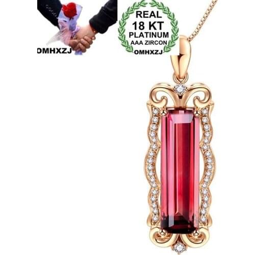 OMHXZJ Wholesale European Fashion Woman Girl Party Wedding Gift Red Tourmaline AAA Zircon 18KT Rose Gold Pendant Necklace NA124