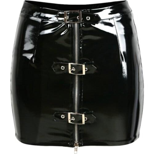 Punk Style Adjustable Keyhole Zipper Vinyl Latex Leather Skirt Sexy Womens Shiny Tight Pencil Mini Skirts Clubwear Party Skirt