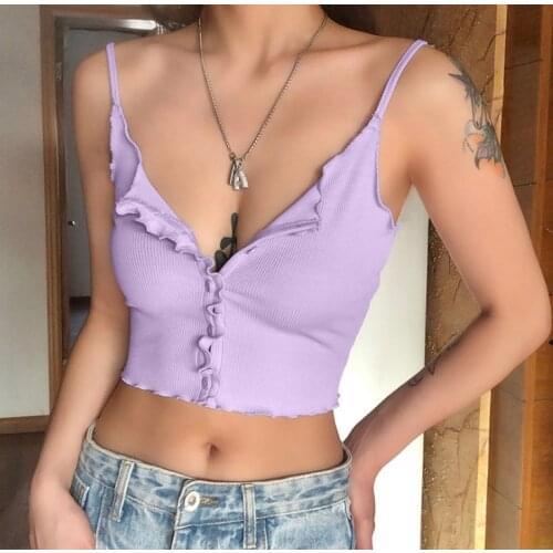 Sexy Womens Camisole Top Solid Single Breasted Crop Top Deep V-neck Exposed Navel Vest Ladies Slim Fit Tank Top Ruffle Camisole