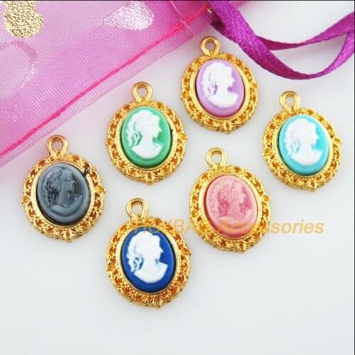 12Pcs Gold Color Oval Beauty Mixed Resin Charms Pendants 13.5x18mm