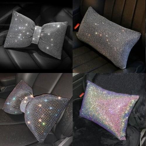 Luxury Bowknot Rhinestone Car Seat Back Waist Support Neck Pillows Bling Diamond Crystal Car Headrest Auto Interior Accessories