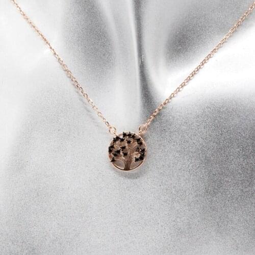 925 Sterling Silver Rose Gold Plating Hollow Ancient Silver Living Tree with Black CZ Pendant Necklace Men Women Jewelry