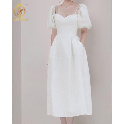 SMTHMA 2021 New Fashion Summer Dress Womens Temperament Ladies Puff Sleeve White Slim Long Dress Vestidos