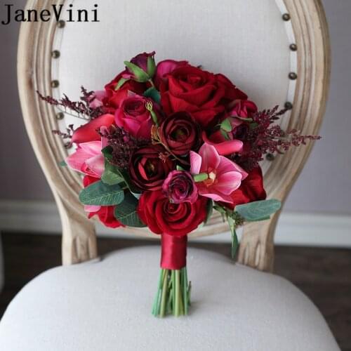 JaneVini Wedding Flowers Bridal Bouquets Red fleur rose Charms Artificial Cymbidium Calla lily Bride Hand Holder Flower Bouquet