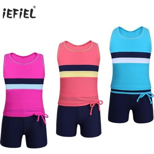 Girls Two Piece Tankini Swimsuit Swimwear Childrens Sets Quick Dry Round Neckline Sleeveless Tops with Bottoms Kid Bathing Suit