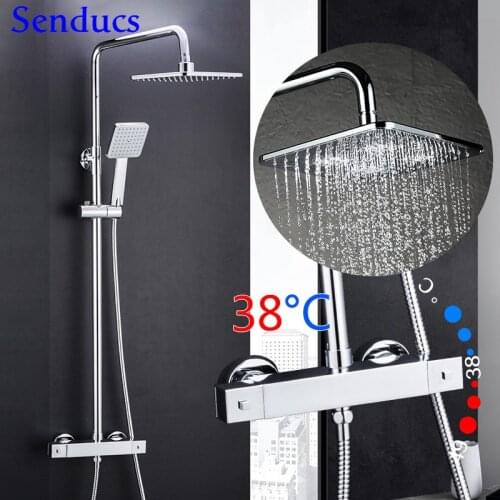 Thermostatic Shower Set Senducs Quality Brass Bathroom Chrome Shower System 38 Degree Temperature Shower Set Rainfall Shower
