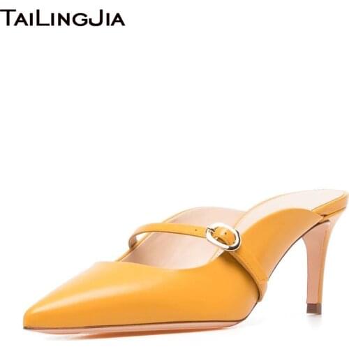 Womens Black Mules High Heels Pointed Toe Pumps Ladies Big Size Yellow PU Leather Heeled Slippers Dress Shoes Strppy Slides
