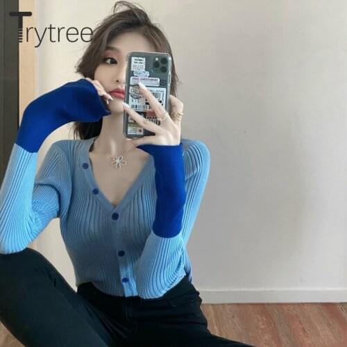 Trytree 2020 Spring Autumn Woman Casual Sweater V-neck Single Breasted Cardigan Women Patchwork Color Sleeves Thin Knitted Coat