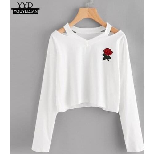 Vogue T Shirt Women Long Sleeve Crop Top Autumn Pullover Tops 2020 Cold Shoulder Rose Print Causal Chemise Femme Manche Longue