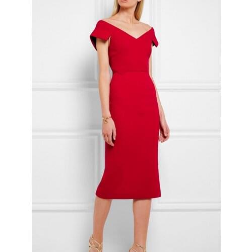 Women Dress For Summer New Off The Shoulder Red Pencil Dresses Deep V Zipper Sexy Elegant Split OL Commute Knee Length Dress