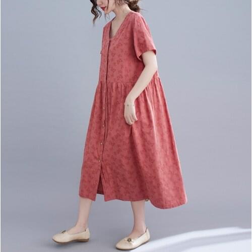 High Quality Short Sleeve V -Neck Ethnic Style Solid Color Summer Women Dress Loose Casual Lady Slim Waist Dress