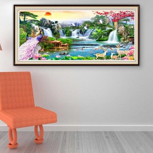 DIY Diamond Painting Natural Landscape Cross Stitch Waterfall Embroidery Full Drill Peacock Rhinestones Art Crystal Craft Decor