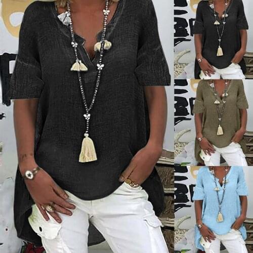 Plus Size Fashion Cotton And Linen Blouse Shirt V-Neck Tops Summer Casual Ladies Tops Female Women Short Sleeve Blusas Pullover