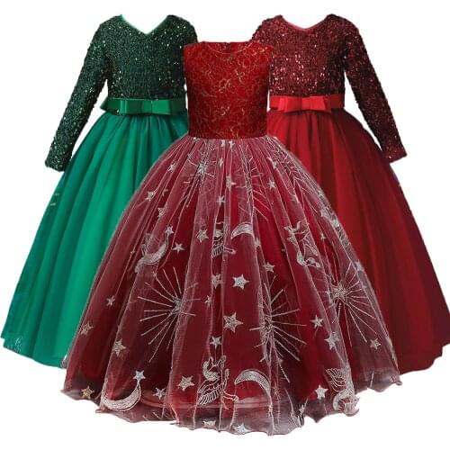 For 4-14Y Long Sleeve Children Dress Princess Dress Bridesmaid Dress 2021 New Wedding Party Dress For Girls Costume