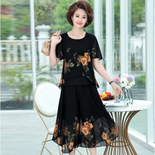 Mother Summer Suit Ladies Large Size 6XL Chiffon T-Shirt Pants Casual Loose Printing High Temperament Ladies Suit Two-Piece Set