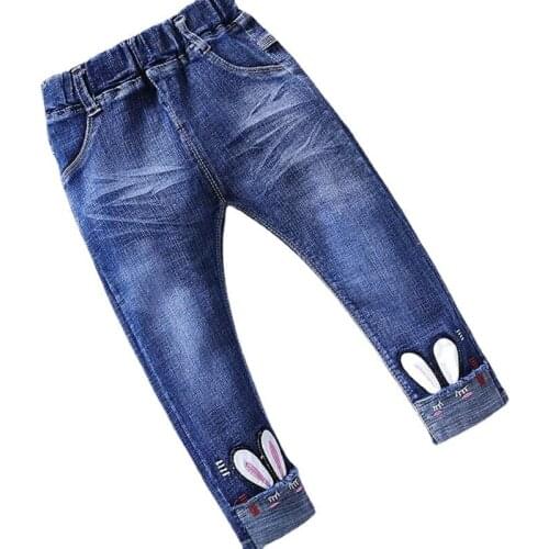 Girl Children 2021 New Kids Trousers Jeans Fashion All-Match Embroidered Pants Sweet Style Jeans 3-9T Casual Straight-Leg Jeans