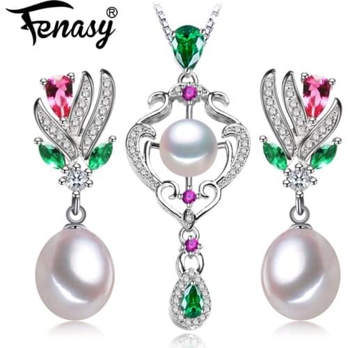 FENASY 925 Sterling Silver Natural Freshwater Pearl Jewelry Sets for Women Ruby Emerald Pearl Earrings Pendant Necklace