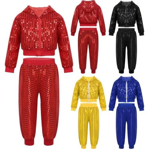 2pcs Unisex Team Wear Kids Boys Kid Girls Shiny Sequins Hip-hop Costume Jazz Street Dance Wear Long Sleeve Hooded Tops Pants Set