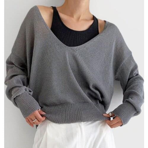 Korean Chic Early Autumn Retro Simple Design Sense Niche Foreign Style Hedging V-Neck Loose Sweater Top Women
