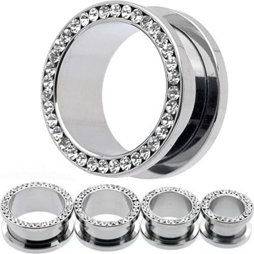 Fashion mens ear tunnels stainless steel crystal silver 4mm 5mm 6mm 8mm 10mm 12mm 14mm 16mm plugs expanders punk body piercing