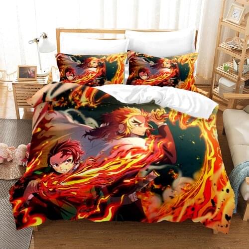 Fascinating Cartoon 3D Anime Bedding Set Quilt Duvet Cover Pillowcases Bed Linens Set 2-3PCS Kisatsutai Rengoku Kyoujurou