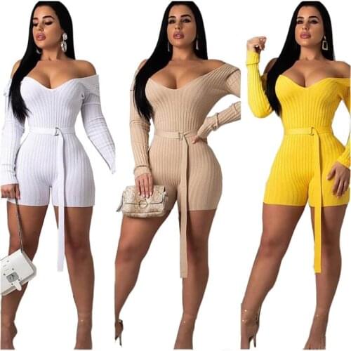 Autumn Women Sexy Off Shoulder Ribbed Knitted Playsuit Sexy V Neck Long Sleeve Slim Shorts Jumpsuit Knitting Romper Bodysuits