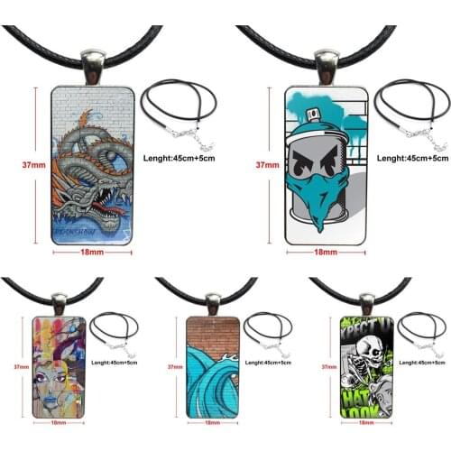 Spray Paint Graffiti Street Art Print For Men Women Gift Glass Cabochon Pendant Necklace Rectangle Fashion Necklace