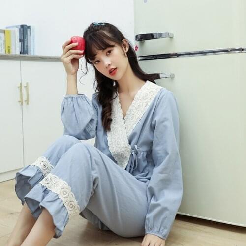 Pajamas womens cotton sexy suit Korean style long-sleeve home clothes loose plus size yukata court style solid color yukata