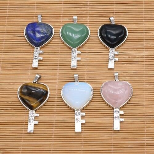Natural Stone Pendant Heart-Key Shaped Metal Alloy Semi-Precious For Jewelry Making DIY Necklace Bracelet Earrings Accessory