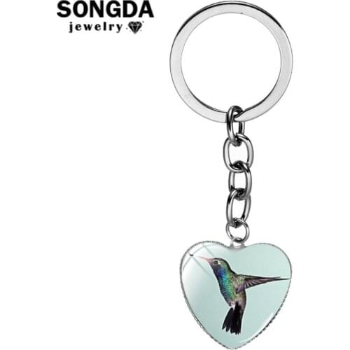 Flying Hummingbird Key Chain Exquisite Glass Art Photo Heart Pendant Keychain Purse Handbag Charm Ornament Animal Jewelry