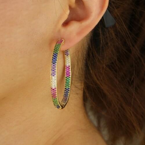 2019 high quality 50mm big rainbow cz colorful hoop earring for women wedding gorgeous european classic fashion luxury jewelry