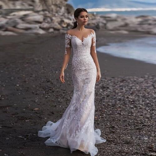 Vestido De Noiva Sereia Long Sleeve Mermaid Wedding Dress Illusion Back Suknia Slubna Appliques Tulle Robe De Soiree De Mariage