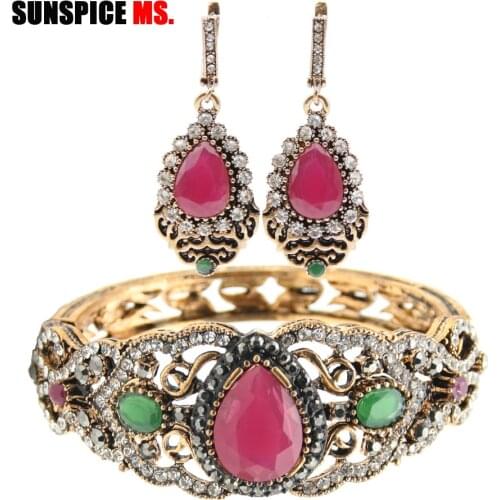 SUNSPICE-MS Turkish Ethnic Jewelry Sets Antique Gold Color Bangle Earrings For Women Big Resin Bohemia Festival Gifts Wholesale