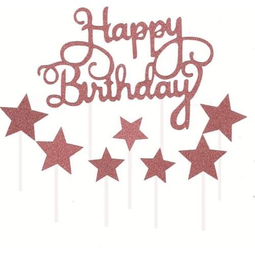 Cake Decorations Rosegold Giltter Happy Birthday Cake Toppers Crown Heart Star for Girl`s Birthday Party Dessert Decor