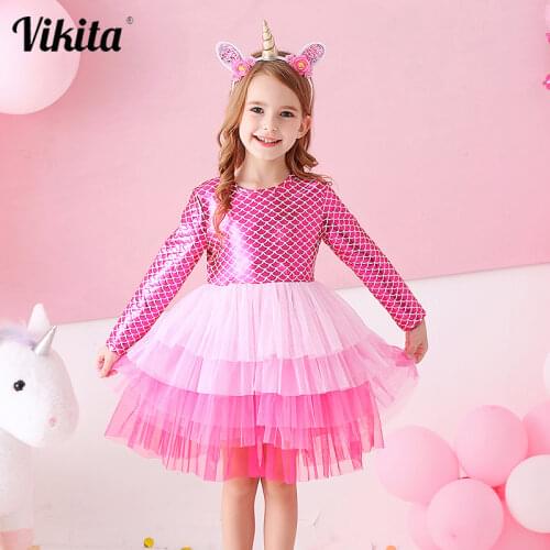 VIKITA Brand Girls Dress Elegant Kids Tutu Dress Children Long Sleeve Princess Vestidos Girls Party Dresses Children Clothing