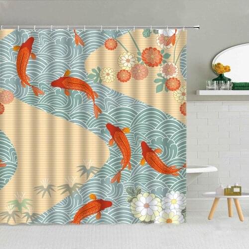 Chinese Style Koi Shower Curtain Ocean Wave Plum Blossom Fabric High Quality Bathroom Supplies Decor With Hooks Cloth Curtains