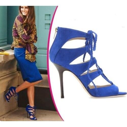 Zapatillas Mujer Hot Selling Blue Suede Leather Lace-up Sandals Peep Toe Gladiator Sandals Boot For Women Designer Dress shoes w