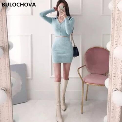 Womens Skirt Suits Clothes 2021 Autumn Ladies V Neck Mohair Knitted Cardigan Short Tops + High Waist Mini Skirt 2 Pieces Sets