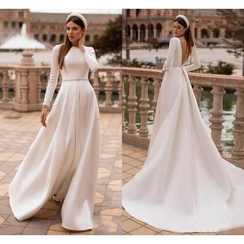 Robe Mariage Elegant Soft Satin Wedding Dresses Long Sleeve A Line Illusion Back Bride Gowns 2021 Hot Sale Vestido De Noiva