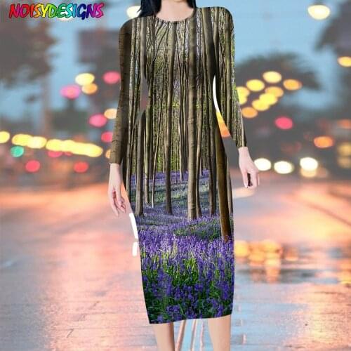 NOISYDESIGNS Women Elegant Party Slim Dresses Long Sleeve Bluebell Flower Design Bodycon Long Dress Women Clothing Dropshipping