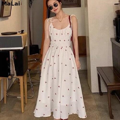 Chic Bandage Design Floral Strap Dresses Casual Beach Sling For Females 2021 Summer Women Korean Style Vintage Midi Dresses