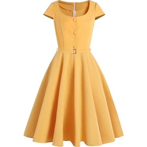 Short Sleeve Solid Color Yellow Dress VD1916 2021 Hepburn Swing Retro Vintage Party Summer Dress with Belt