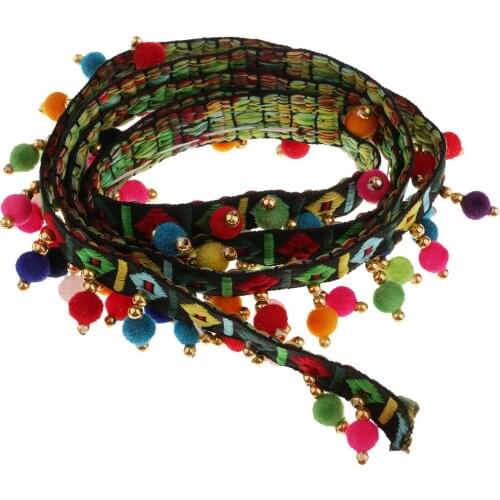 1 Yard Ethnic Style Fringed Lace Jacquard Ribbon With Pompom Ball Trim