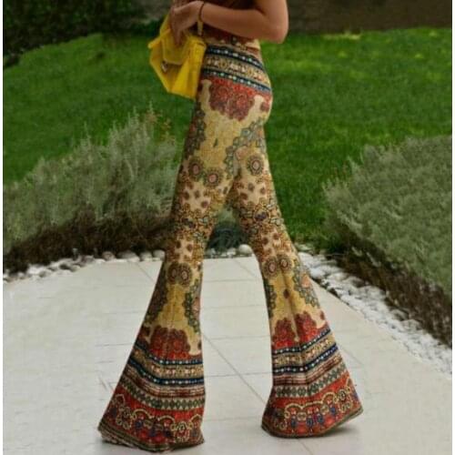 Womens Summer Floral Print Pants Zipper Fly Casual High Waist Flare Wide Leg Long Trousers Pantnes -40