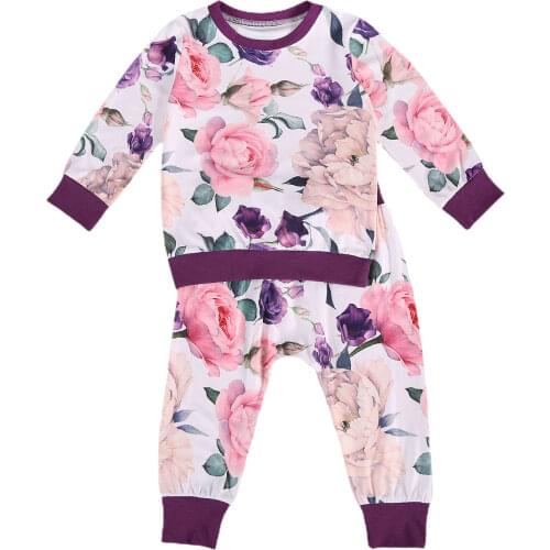 2Pcs Children Autumn Suit, Floral Printing O-Neck Long-Sleeves Top + Elastic-Waist Causal Pants for Little Girls, 2-7 Years