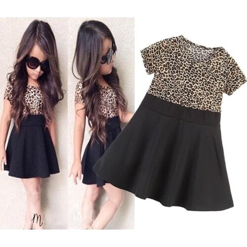 Girl‘s Pleated Dress 2021 New Summer Kid Sweet Children Suits Costume Clothing Cute Short-Sleeved Leopard Stitching 2-6 Years